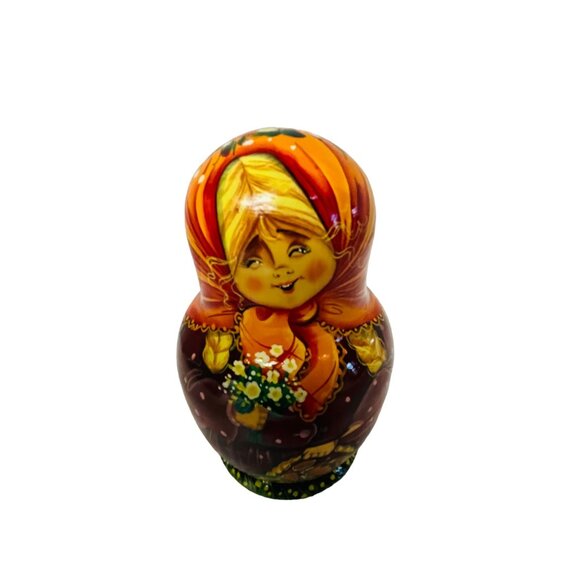 Vintage Hand-Painted Russian Nesting Dolls Set Of 5 Winter Party Blue Scarf - Picture 12 of 16